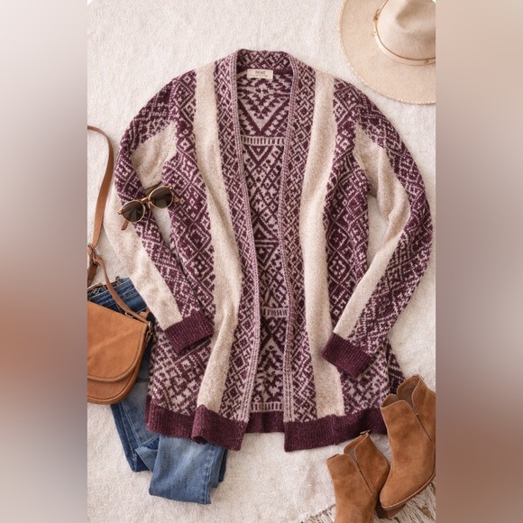 Vintage America Sweaters - Vintage America Burgundy & Cream Patterned Cardigan – Size Small